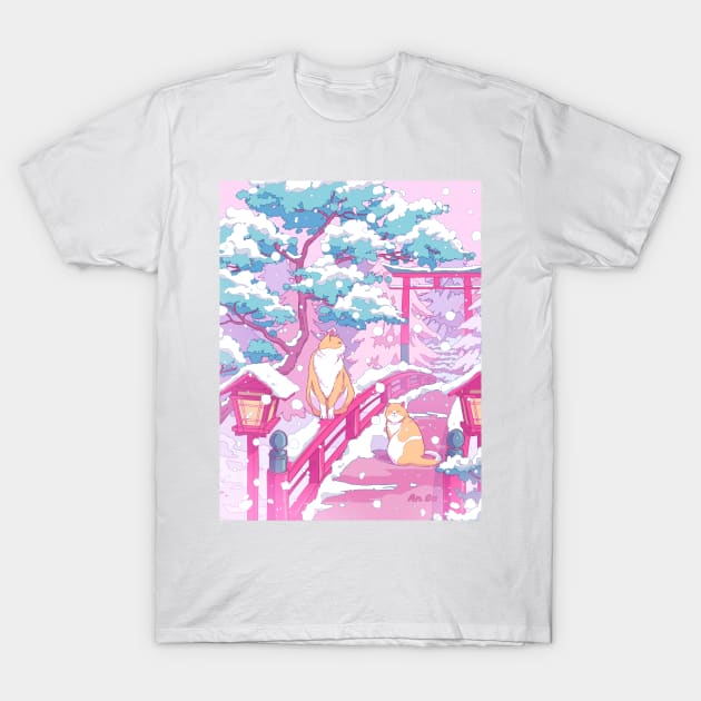 The Japanese winter shrine and cute cats T-Shirt by AnGo